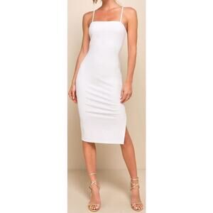 LULU'S XL Paulina White Square Neck Gold Zipper Bodycon Midi Dress